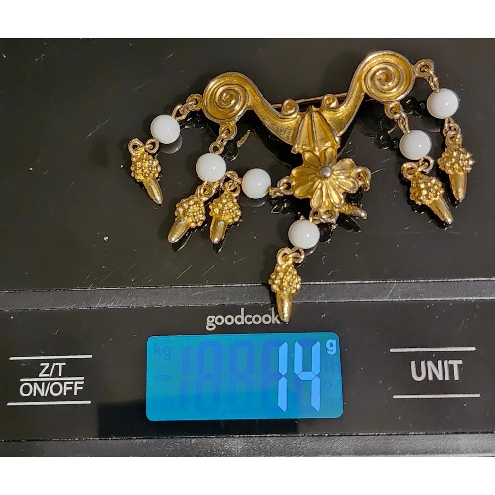 Vintage Etruscan Revival Gold Tone Milk Glass Dangle Brooch Floral Tassel - Picture 5 of 6